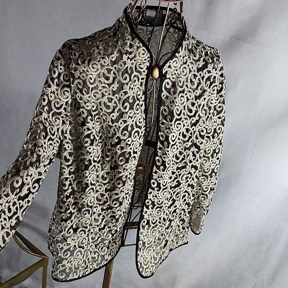 Alex Evenings Dressy embroidered Gold Shimmer Glam Open Jacket Holiday - Picture 3 of 9